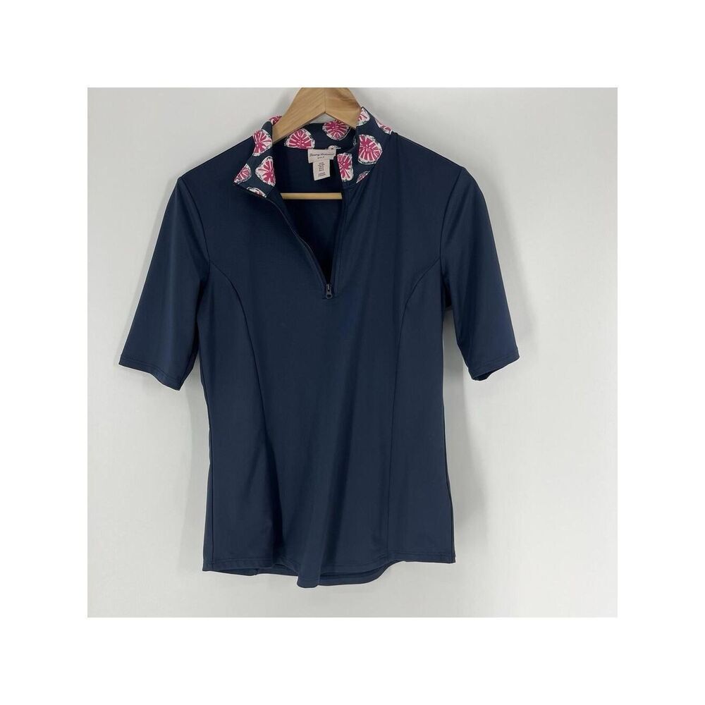 Tommy Bahama Golf Shirt Small Womens Navy Pink Preppy 1/4 Half Zip Country Club